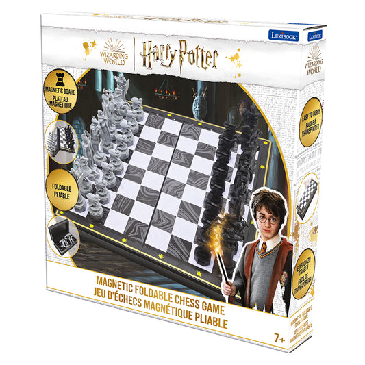 Harry Potter Enchanted Magnetic Foldable Chess Game box showing a black and white checkered board with decorative gray wizard pieces, modeled by a child in Hogw