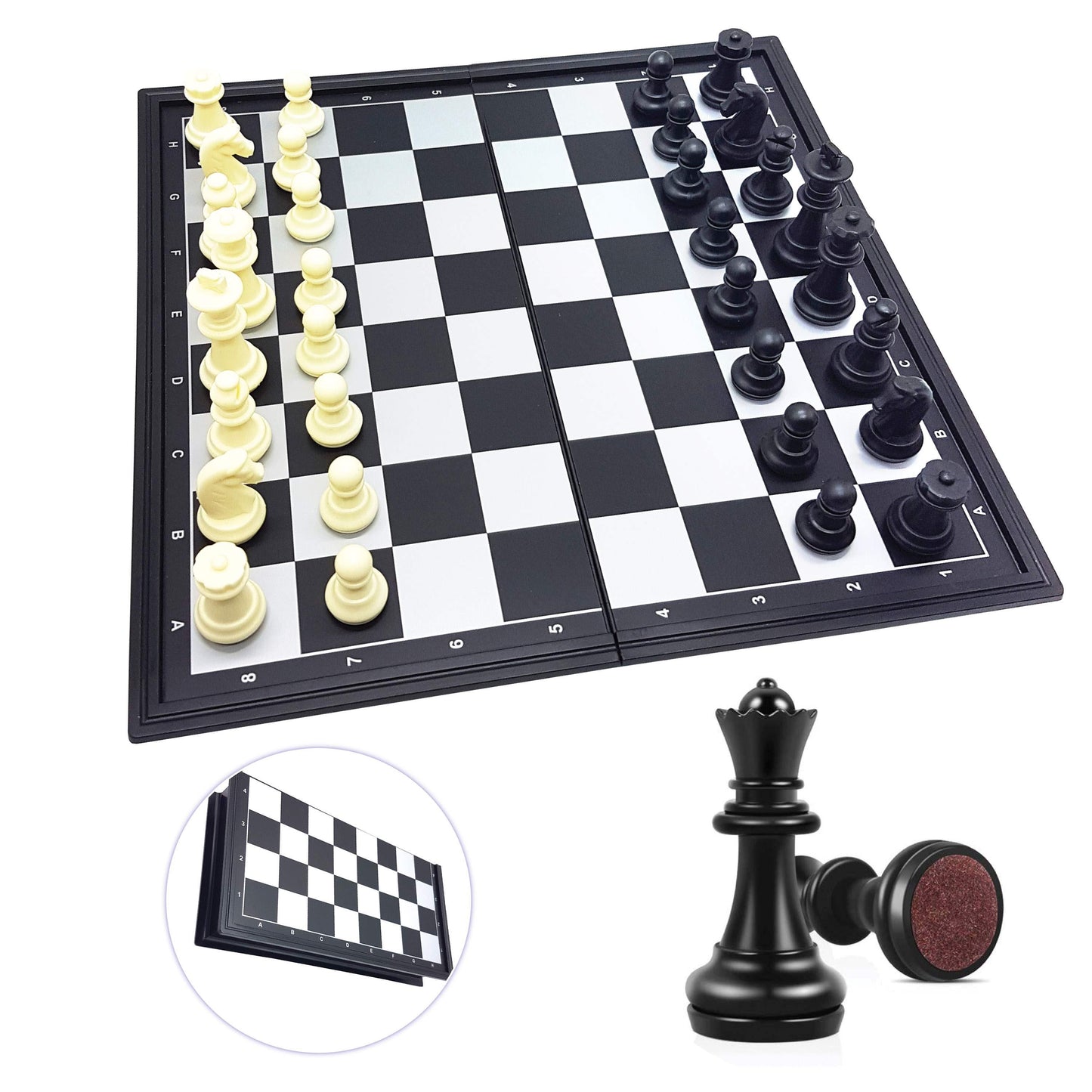 Magnetic chess set with black and white board, cream and black pieces, foldable design, and black queen piece shown separately with timer