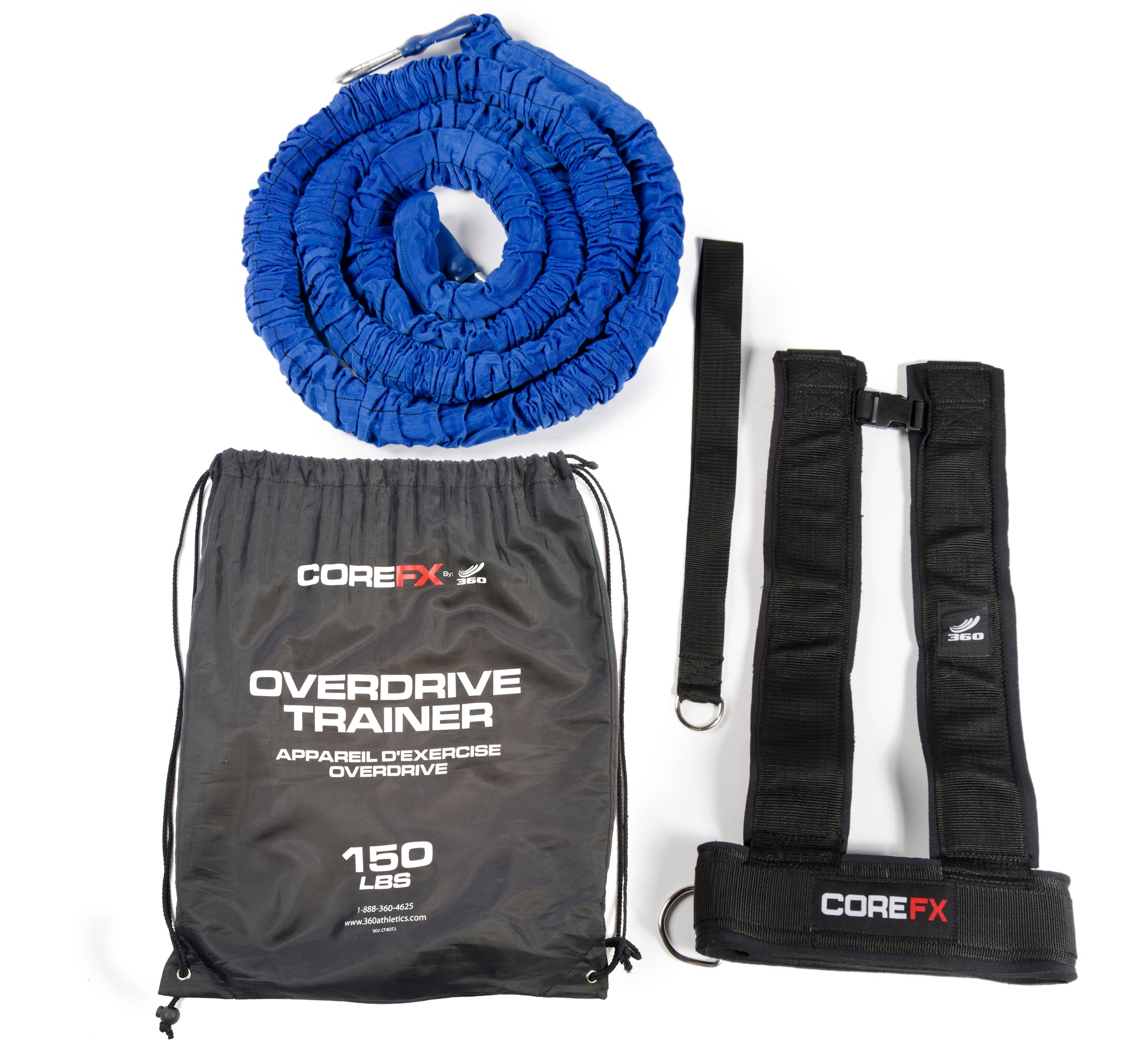CoreFX Overdrive Trainer 150 lbs set with blue resistance cord, black carrying bag, and ankle cuff straps
