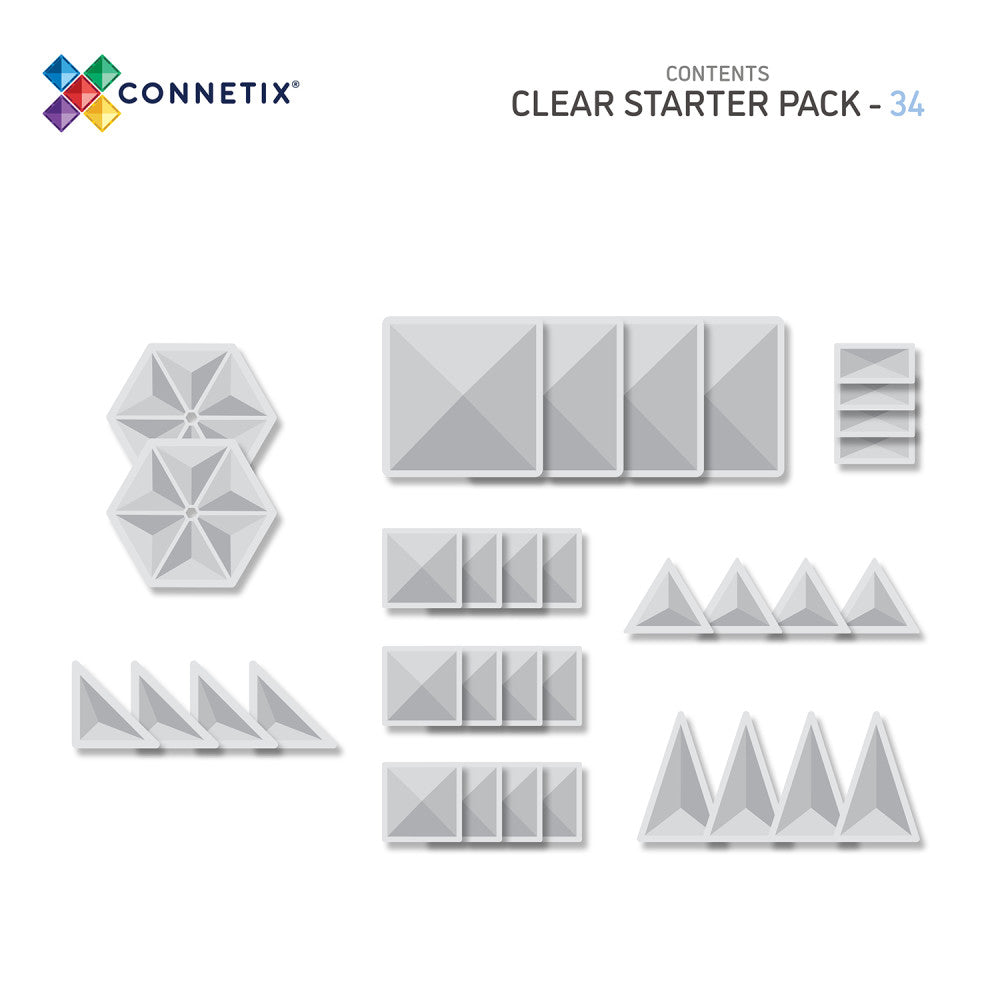 Connetix Magnetic Tiles Clear Starter Pack - 34 Piece Translucent Shapes
