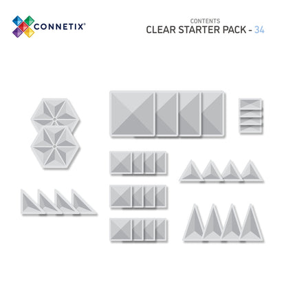 Connetix Magnetic Tiles Clear Starter Pack - 34 Piece Translucent Shapes