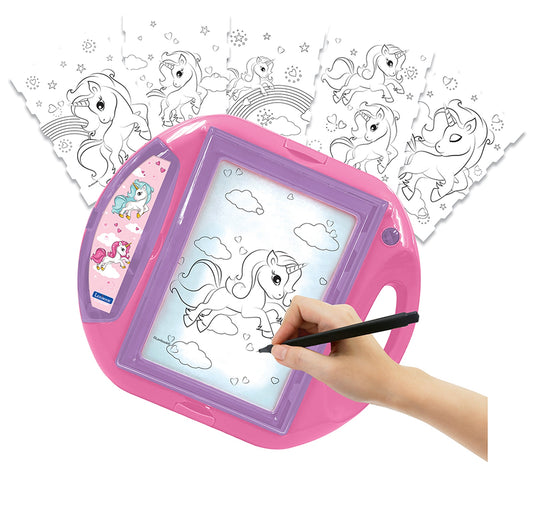 Pink and purple drawing projector with unicorn design, modeled by a child holding a stylus over the illuminated screen showing unicorn outlines to color