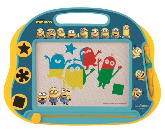 Minions magnetic drawing board with yellow and teal case, featuring Minion characters around border and colorful creatures drawn on mesh screen with stylus
