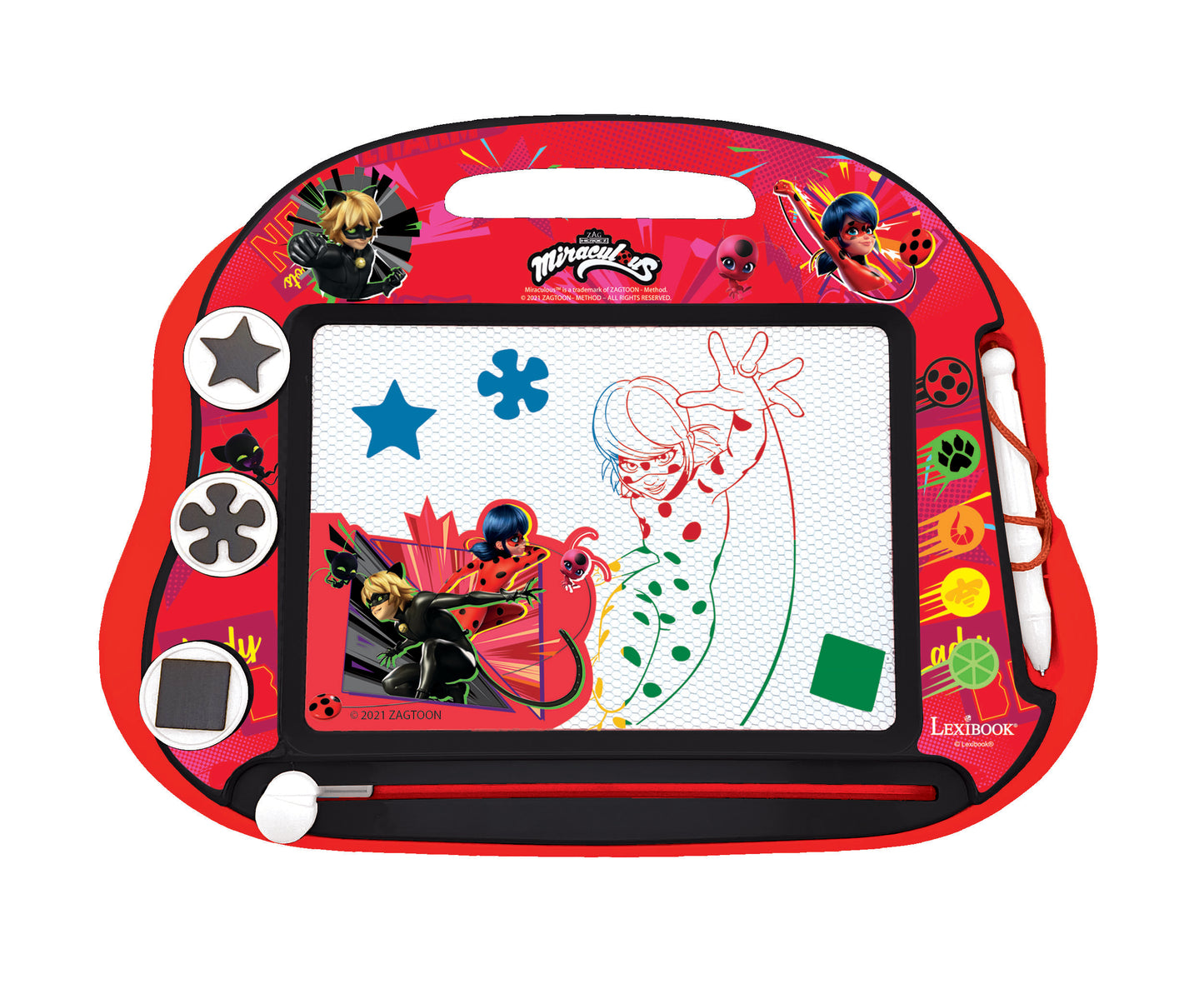 Red magnetic drawing board with Miraculous Ladybug characters and designs, featuring white drawing screen, control buttons on sides, and attached stylus