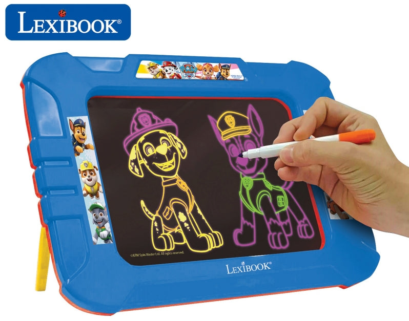 Blue Lexibook drawing board with neon glowing effect, modeled by a child's hand holding orange stylus, showing Paw Patrol characters in yellow and purple neon l