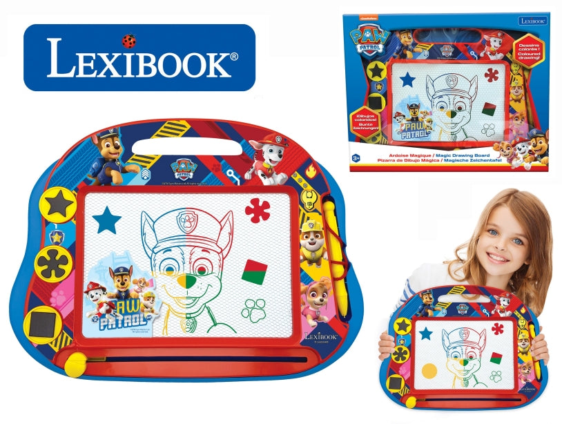 Paw Patrol Magnetic Drawing Board with blue and red frame, white writing surface, colorful character icons around border, modeled by a child and shown as standa