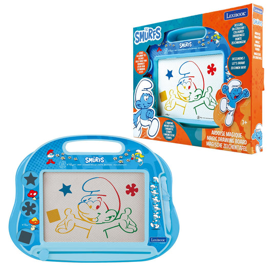 Smurfs Magic Drawing Board by Lexibook in blue with white drawing surface, featuring colorful stencil designs and three magnetic stamps, shown both in and out o