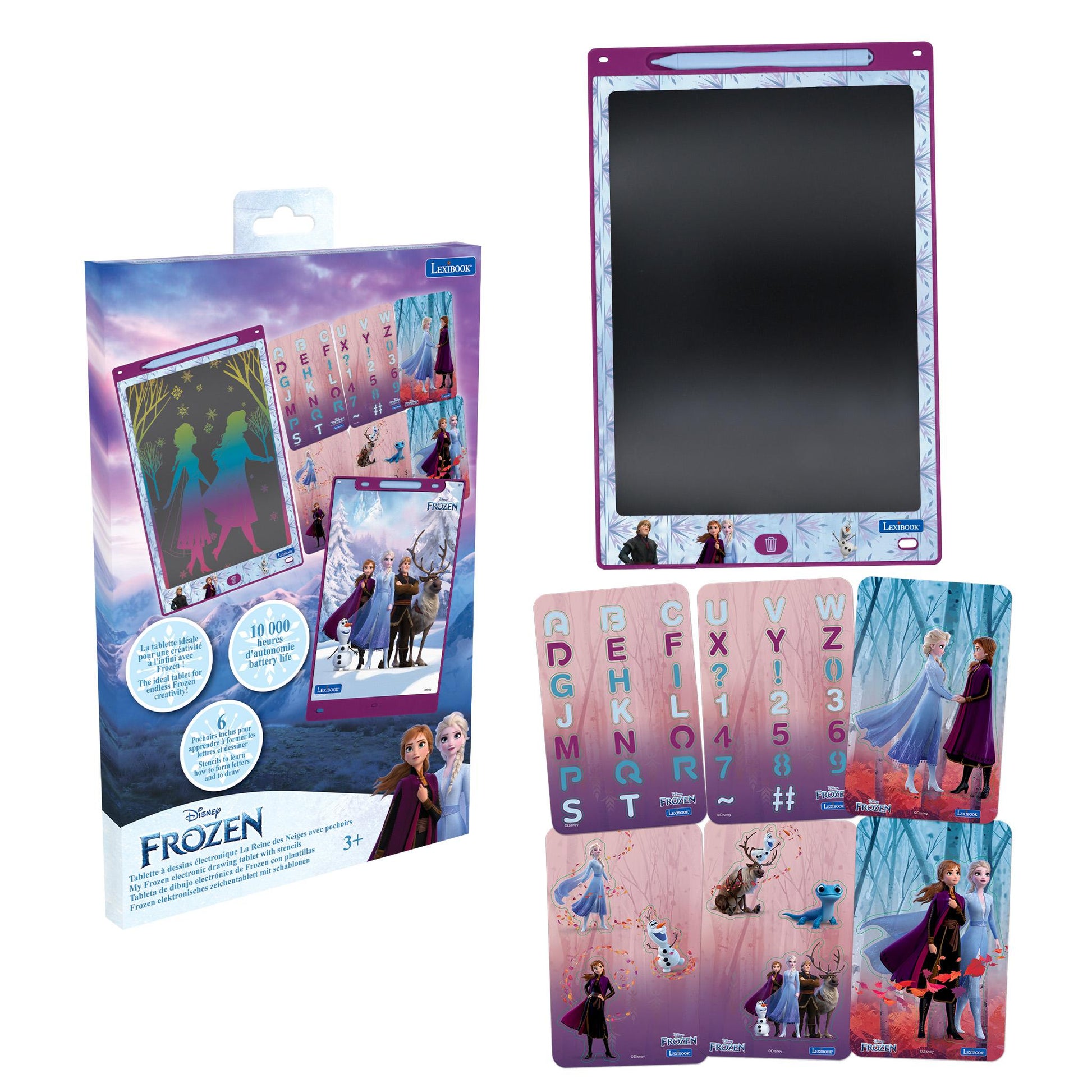 Lexibook Frozen e-ink learning tablet with purple frame, stylus, alphabet stencil sheet, and character activity cards featuring Elsa, Anna, and Olaf