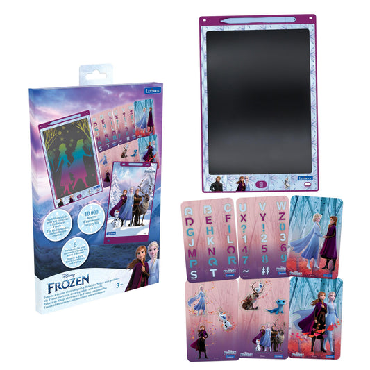 Lexibook Frozen e-ink learning tablet with purple frame, stylus, alphabet stencil sheet, and character activity cards featuring Elsa, Anna, and Olaf