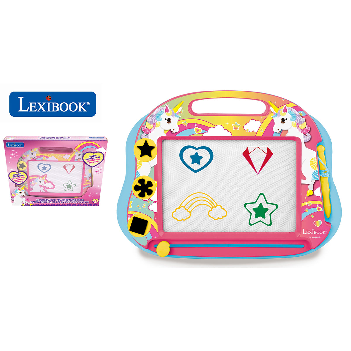 Lexibook unicorn-themed magnetic drawing board with pink and blue case, white erasable surface, colorful unicorn and rainbow graphics, includes stylus pen