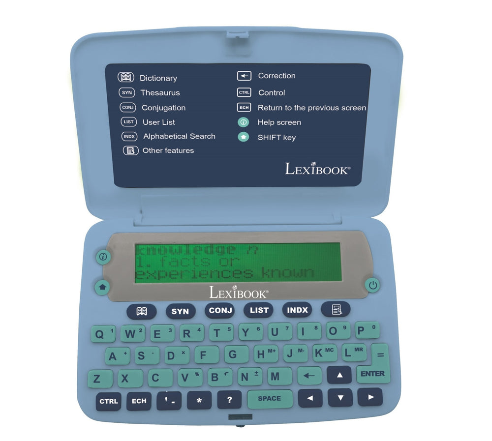 Blue handheld Lexibook electronic dictionary with green keyboard, green LCD display showing definition, and menu screen on upper display showing Dictionary, The