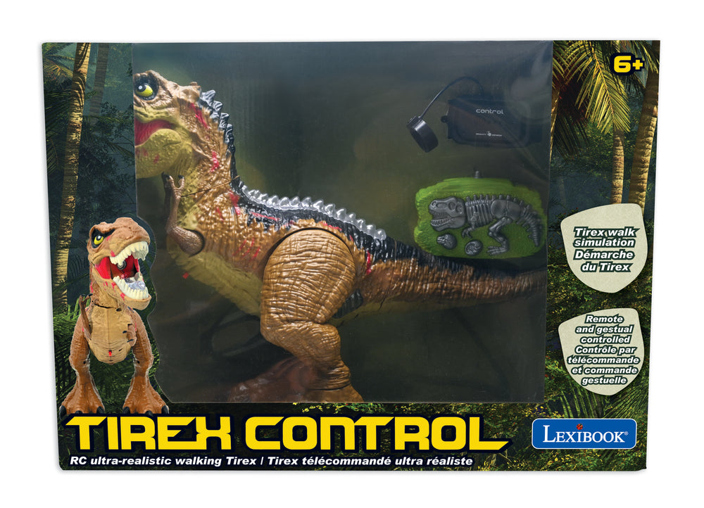 Tirex Control remote-controlled walking dinosaur with realistic movements, shown in packaging with brown T-Rex figure, remote control, and green dinosaur skelet