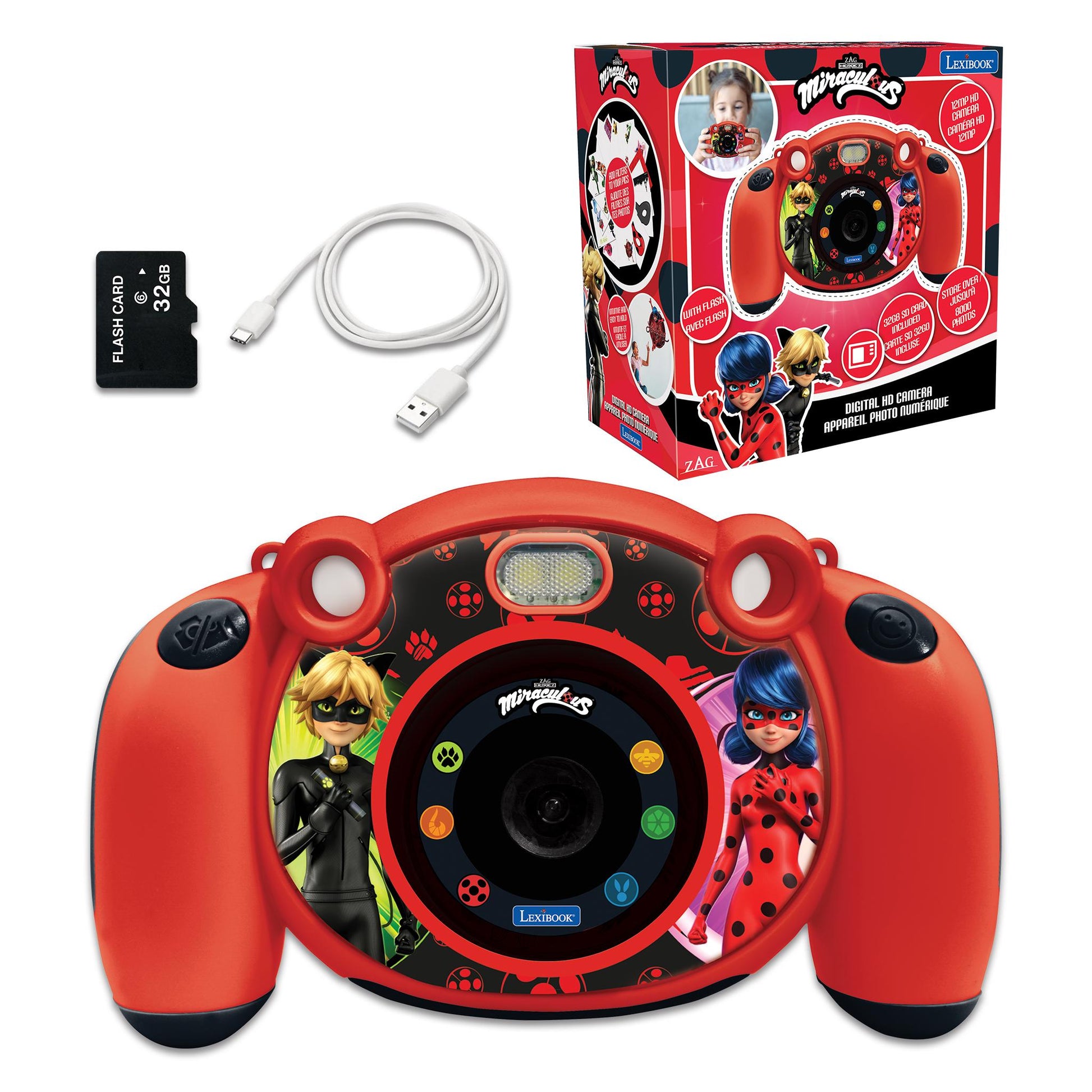 Miraculous Starcam HD Digital Wonder Camera in red with character graphics, shown with packaging, USB cable, and memory card