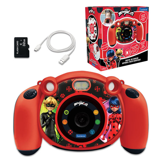 Miraculous Starcam HD Digital Wonder Camera in red with character graphics, shown with packaging, USB cable, and memory card