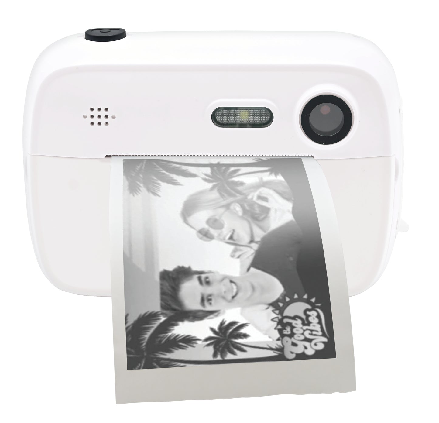 White digital camera with black lens and speaker grille, printing out a black and white photo of two children
