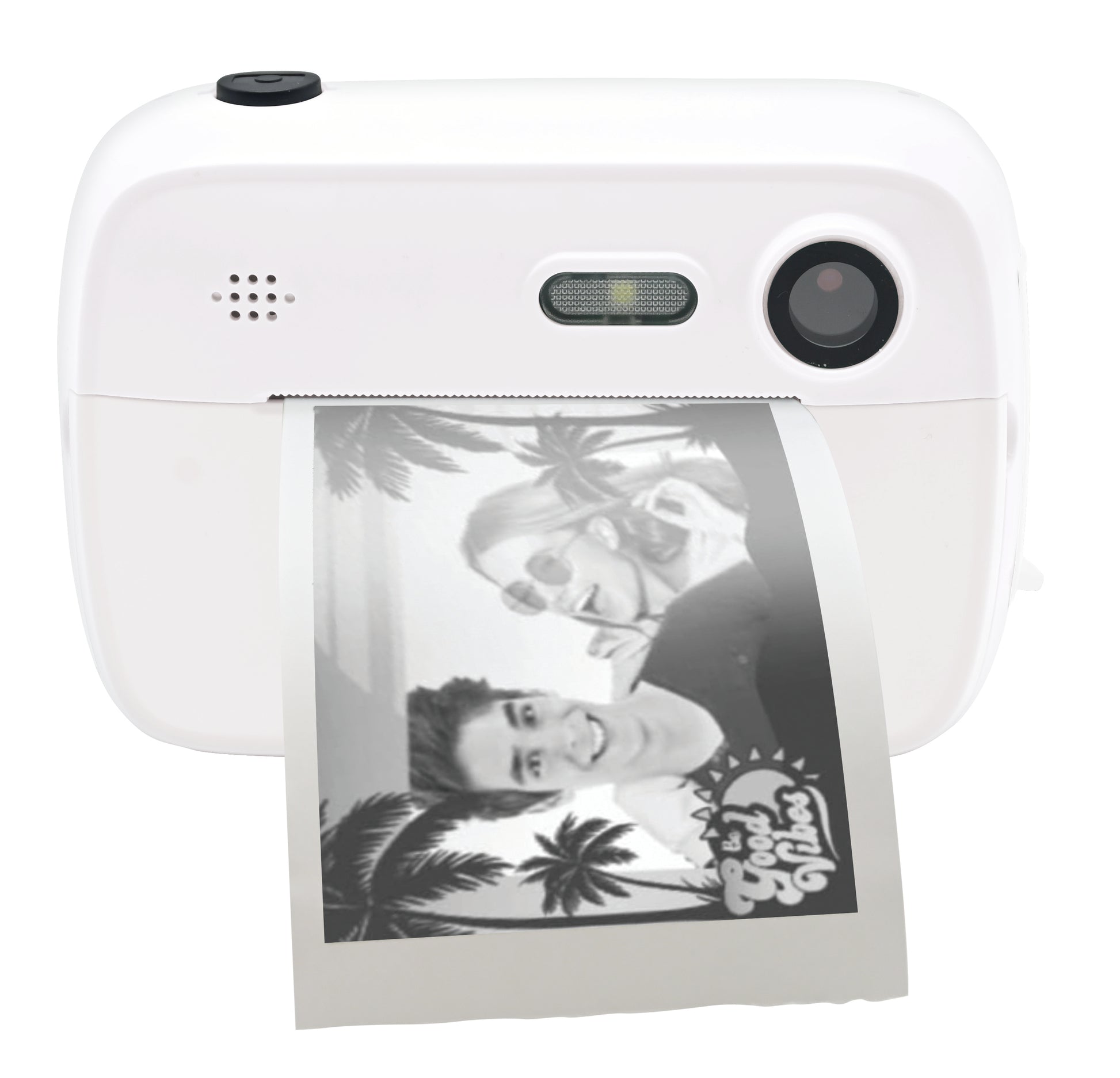 White digital camera with black lens and speaker grille, printing out a black and white photo of two children