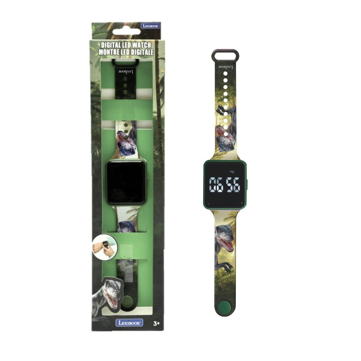 Jurassic Explorer youth digital LED watch with dinosaur print strap, shown in packaging and on wrist displaying time