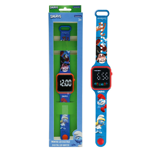 Smurfs digital LED watch with blue strap and red accents, displayed in and out of packaging. Square black display screen shows time, featuring Smurf character g