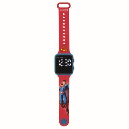 Red and blue Superman digital watch with LED display, adjustable strap featuring Superman character, and white dot buttons on upper band
