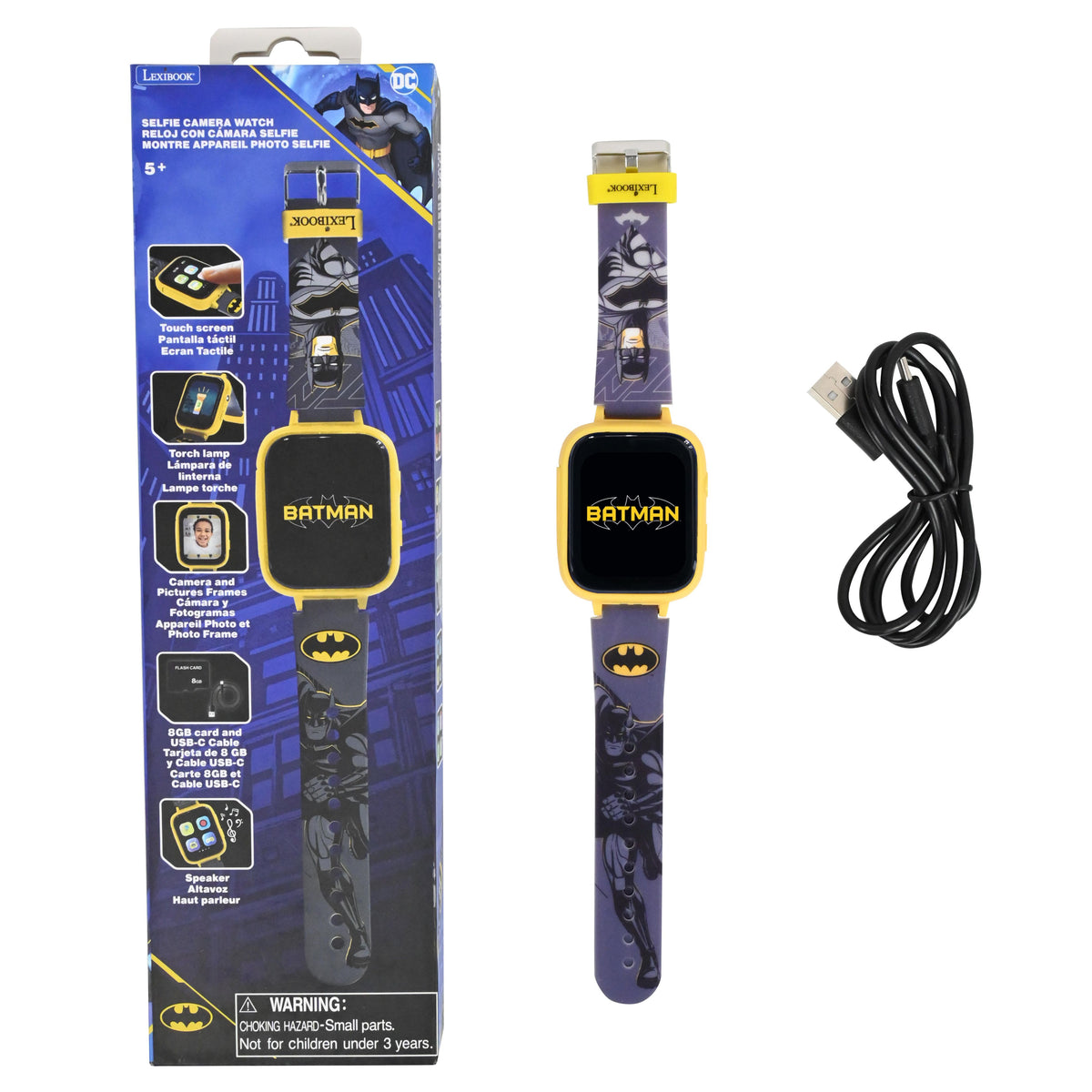 Batman Selfie Camera Watch with yellow and black design, includes USB cable and 8GB memory card