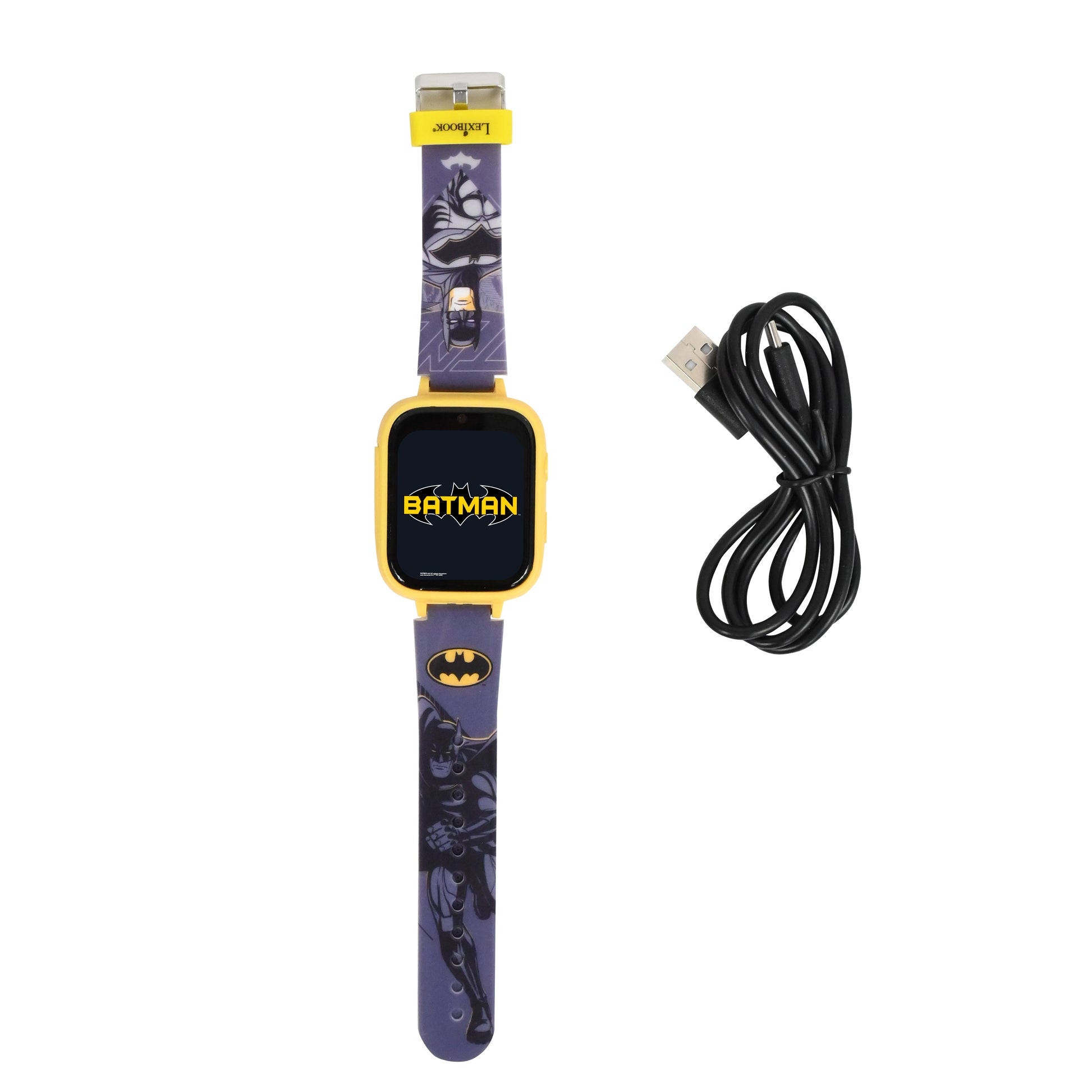 Batman Digital Watch with yellow case, purple band, camera feature, and USB charging cable included