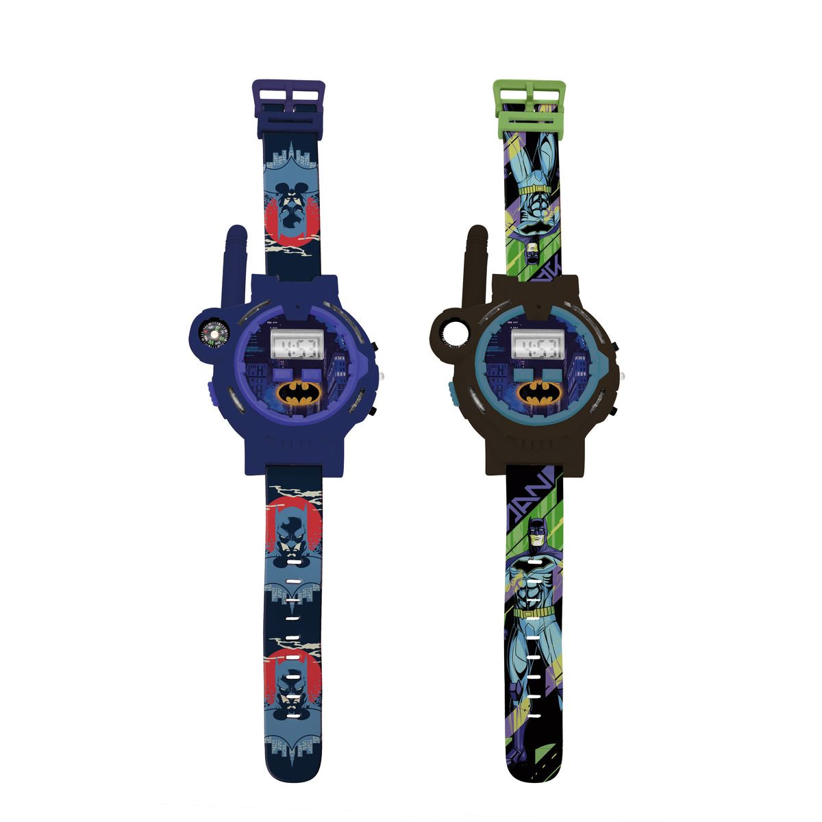 Two Batman digital watches with walkie-talkie function, one navy blue and one black, featuring LCD screens, Batman logo, and patterned straps with Batman charac