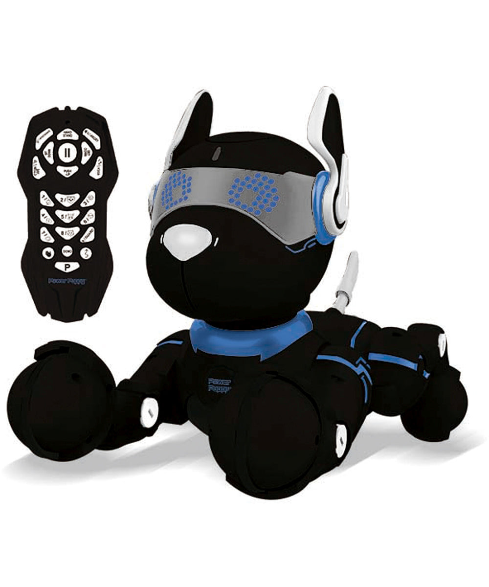 Black robotic dog with blue accents and white ears, shown with remote control on plain background