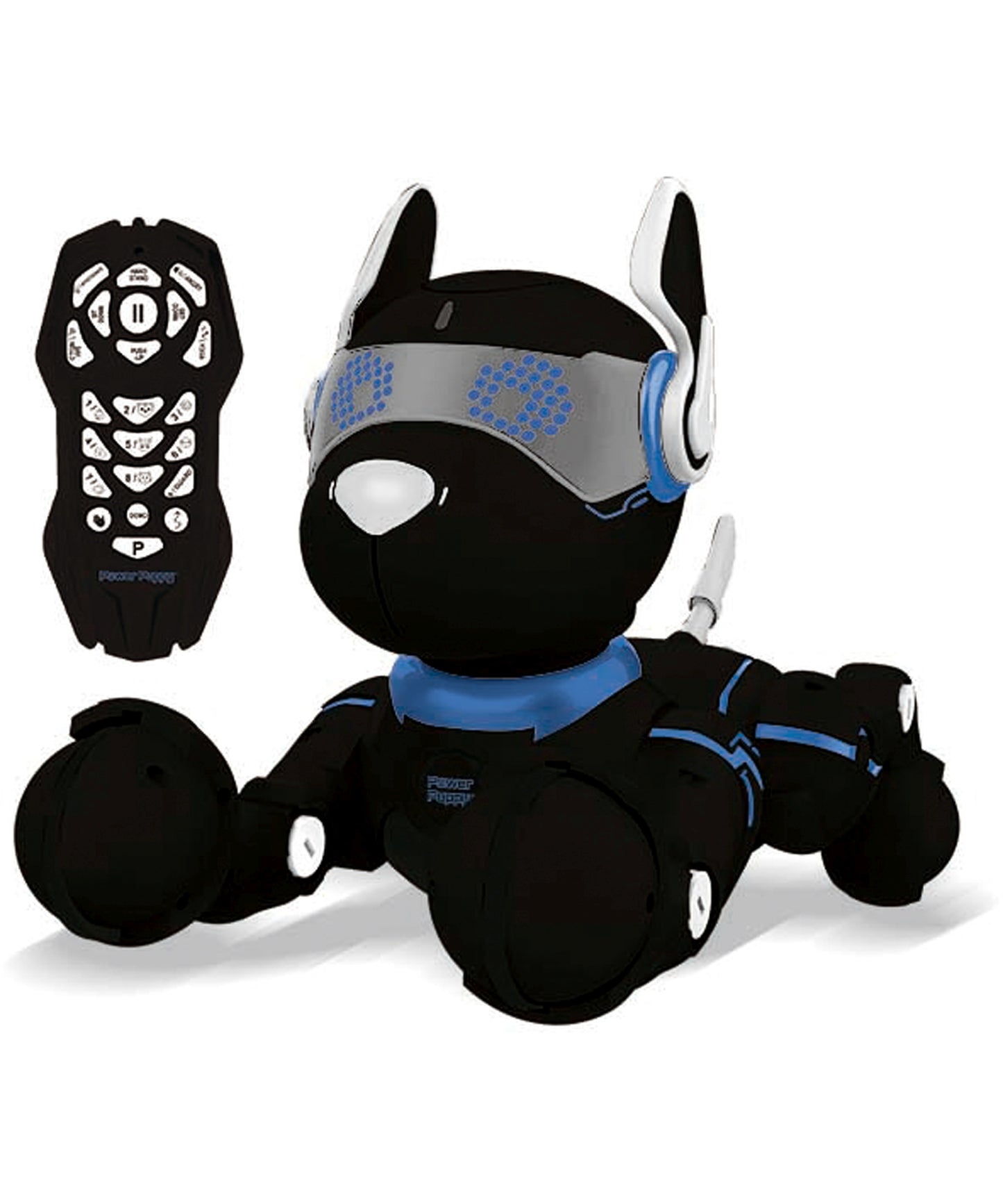 Black robotic dog with blue accents and white ears, shown with remote control on plain background