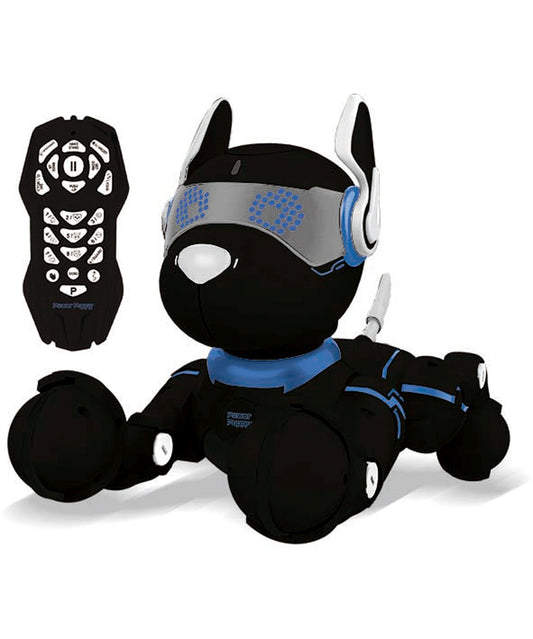 Black robotic dog with blue accents and white ears, shown with remote control on plain background