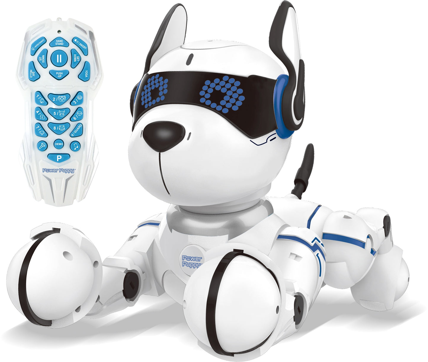 White robotic dog with black and blue accents, articulated legs with wheel feet, and VR-style headset, shown with white and blue remote control