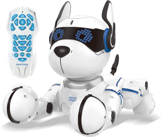 White robotic dog with black and blue accents, articulated legs with wheel feet, and VR-style headset, shown with white and blue remote control