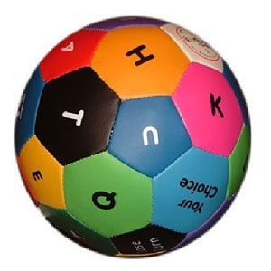 Multicolored fabric ball with alphabet letters and words on each colored panel