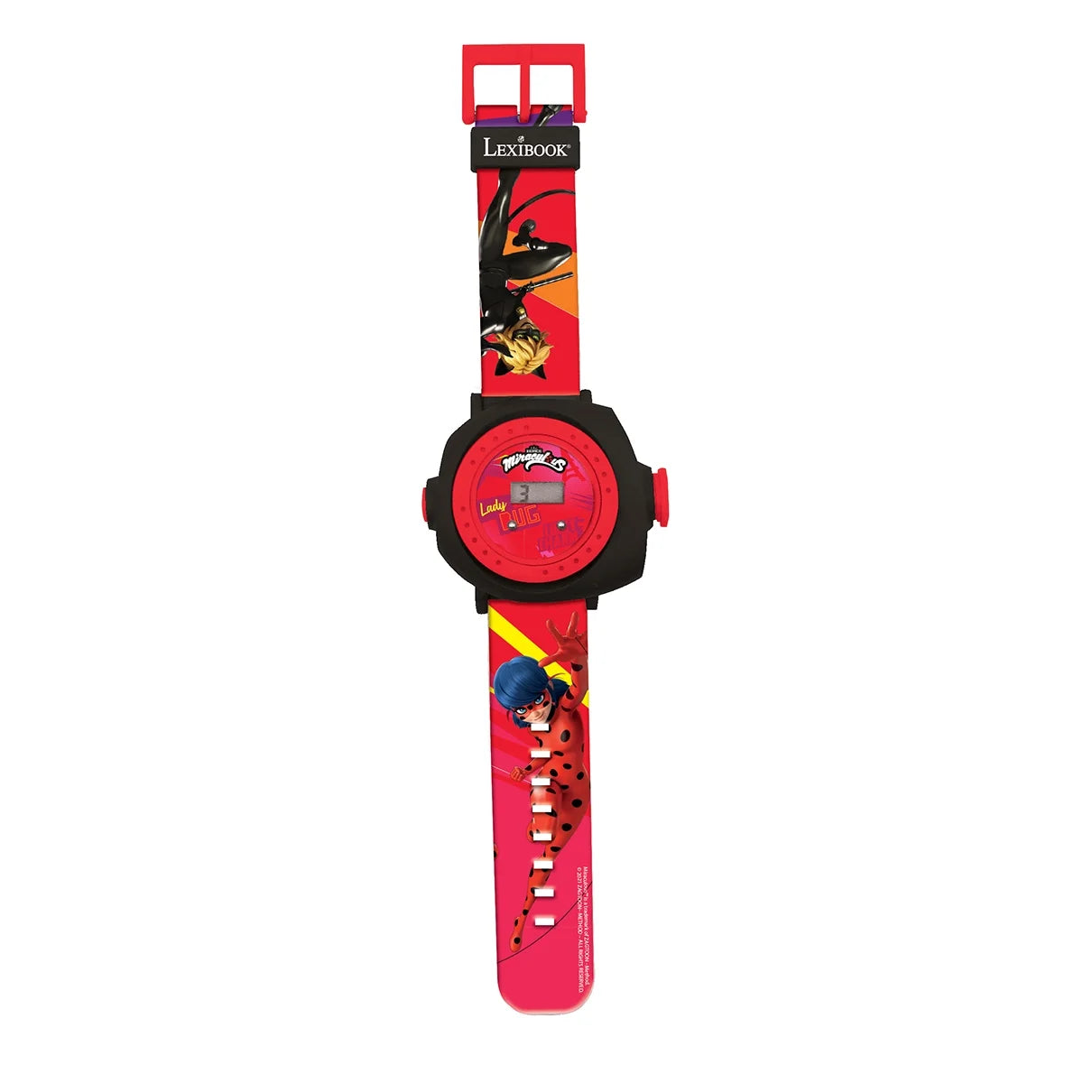Miraculous Ladybug digital projection watch with red band and black face, featuring character artwork on strap and packaging visible at top