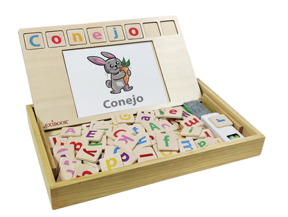 Wooden learning board with letter tiles spelling 'conejo' at top, displaying cartoon rabbit holding carrot, filled with colorful alphabet tiles in storage tray