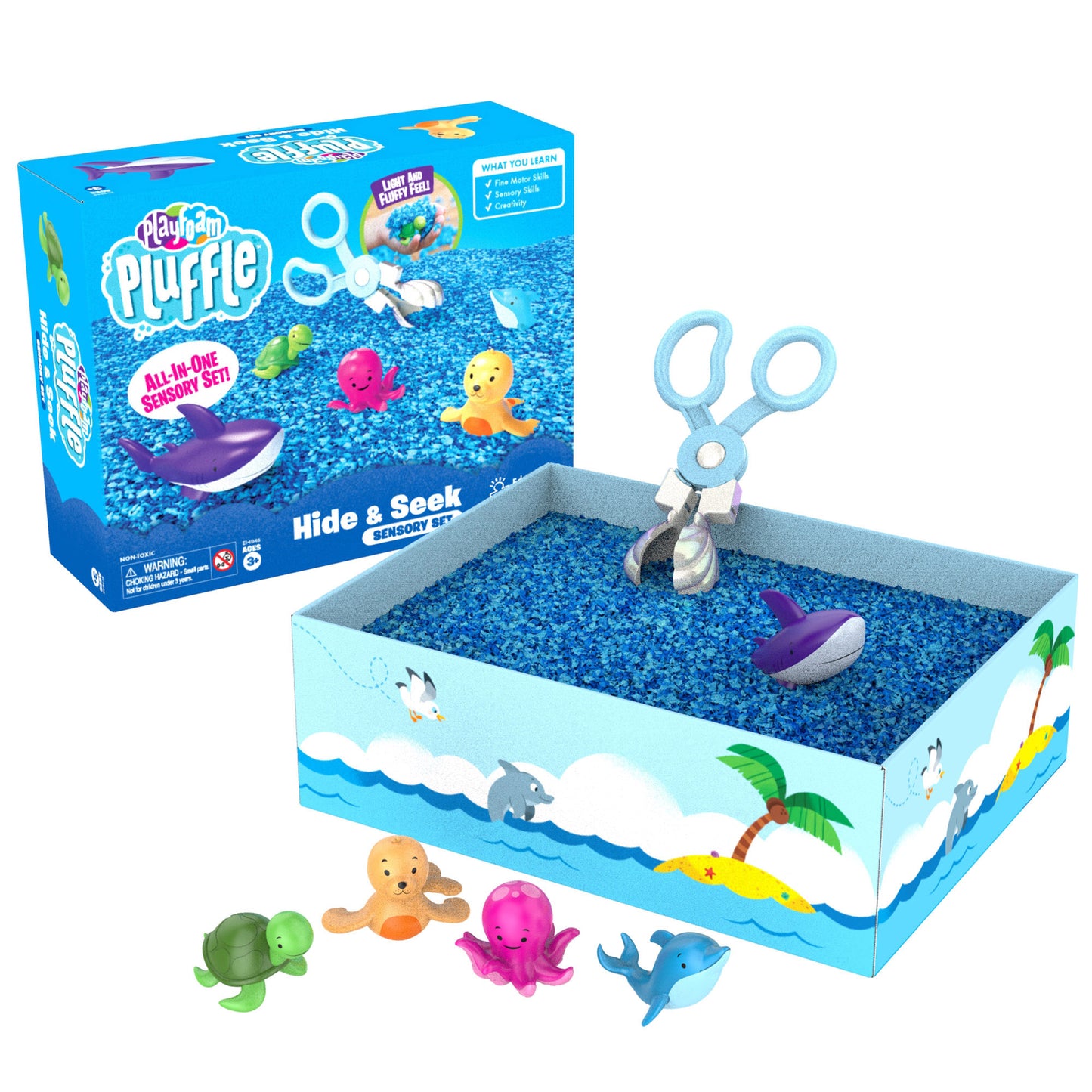 Playfoam Pluffle Hide & Seek Sensory Set with blue kinetic sand, colorful sea creature toys, and tweezers