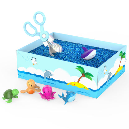 Educational Insights Playfoam Pluffle Hide & Seek Sensory Set with blue kinetic sand, toy animals, and grabber tool