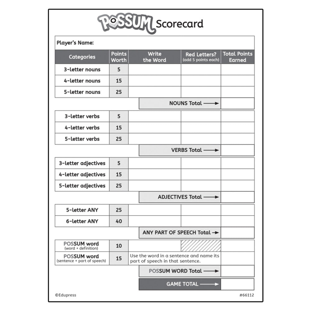 Teacher Created Resources POSSUM Letter Dice Game