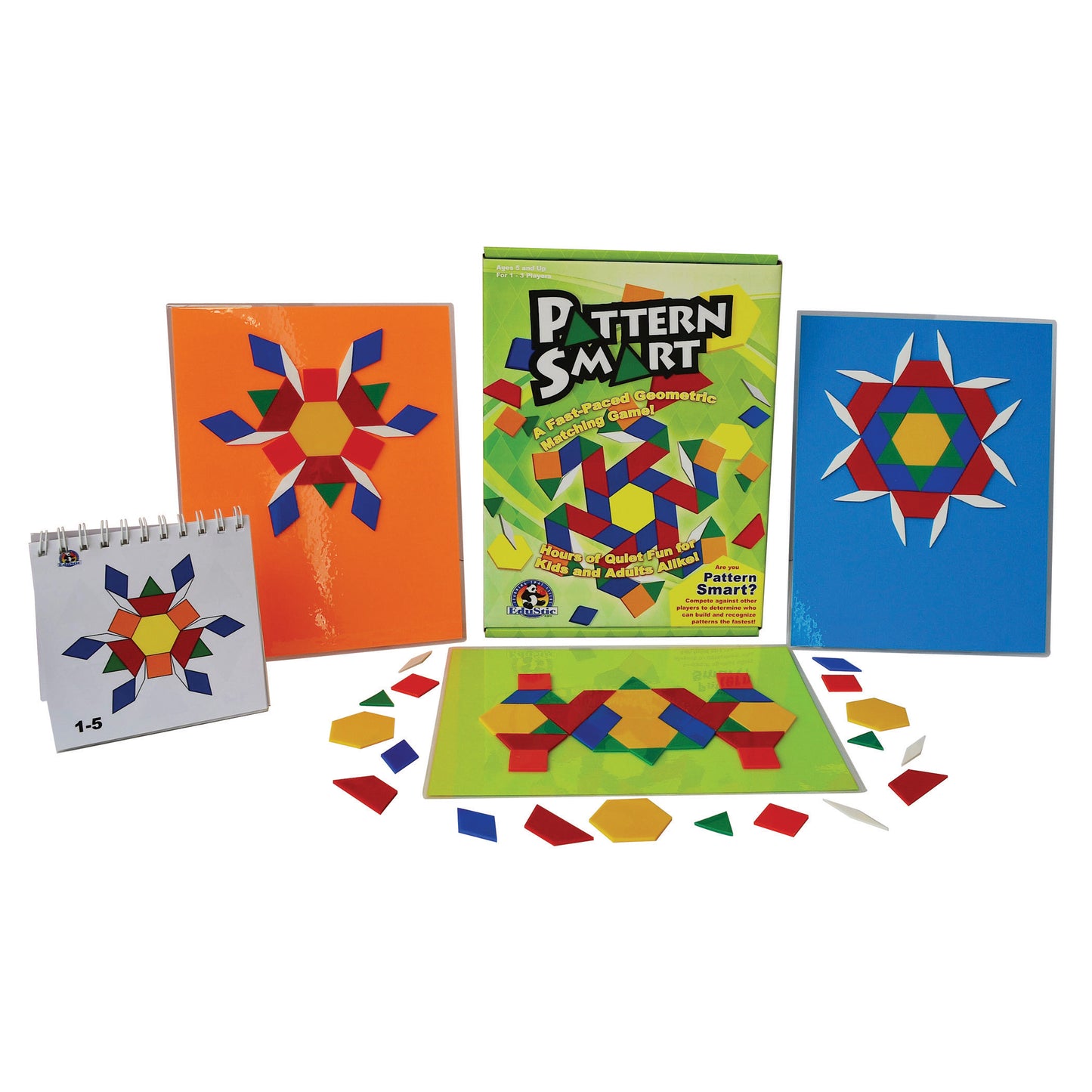 Pattern Smart Game geometric puzzle with colorful shapes, cards, and game board for learning