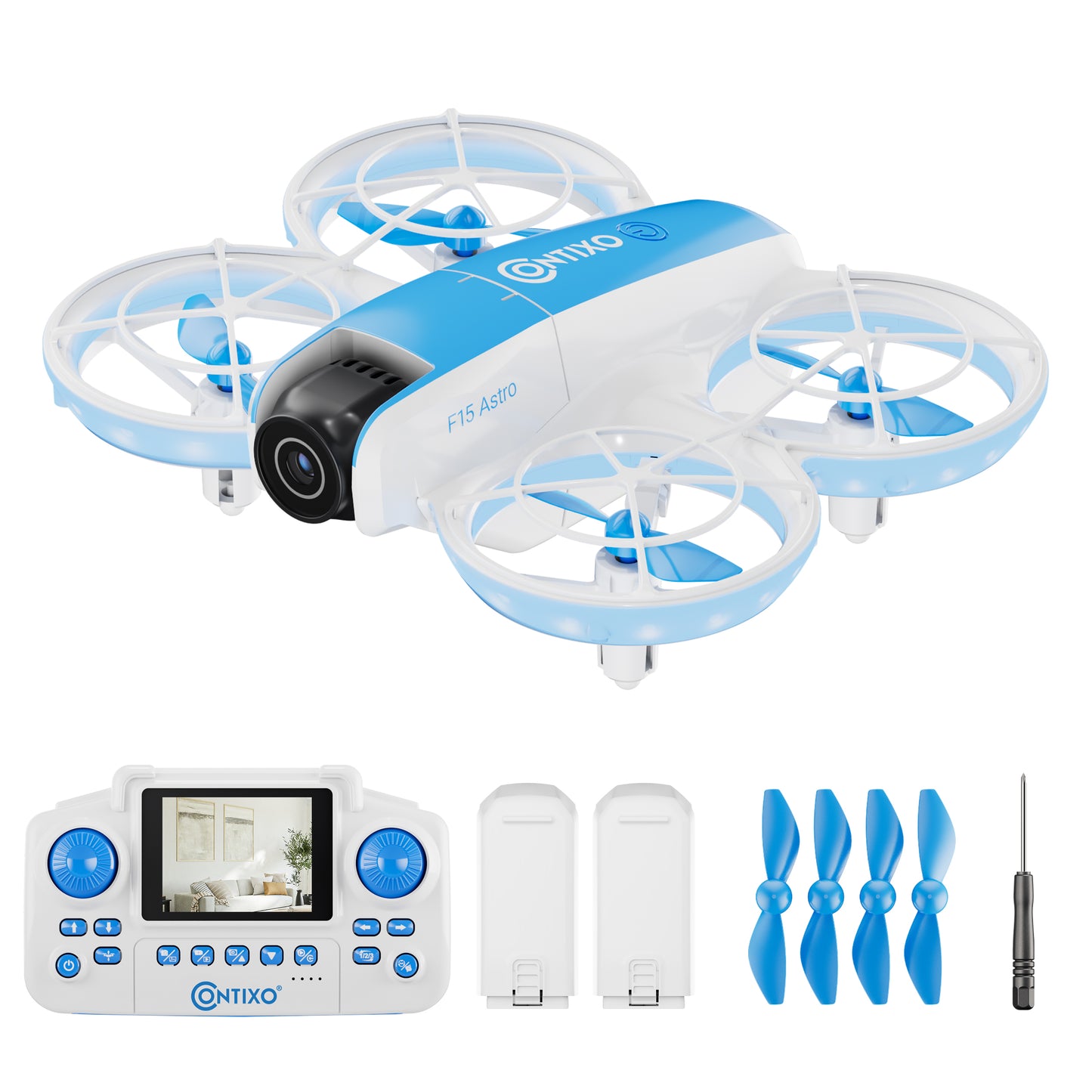 Contixo F15 Astro mini drone blue and white with remote, batteries, and propellers