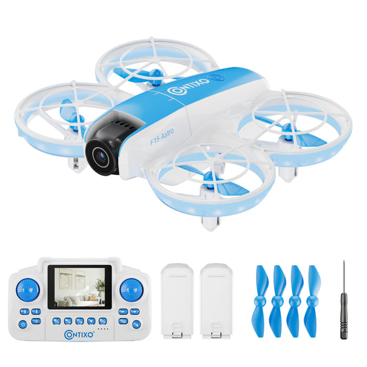 Contixo F15 Astro mini drone blue and white with remote, batteries, and propellers