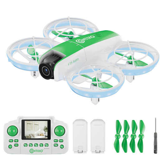 Contixo F15 Astro mini drone green and white with remote, batteries, and propellers