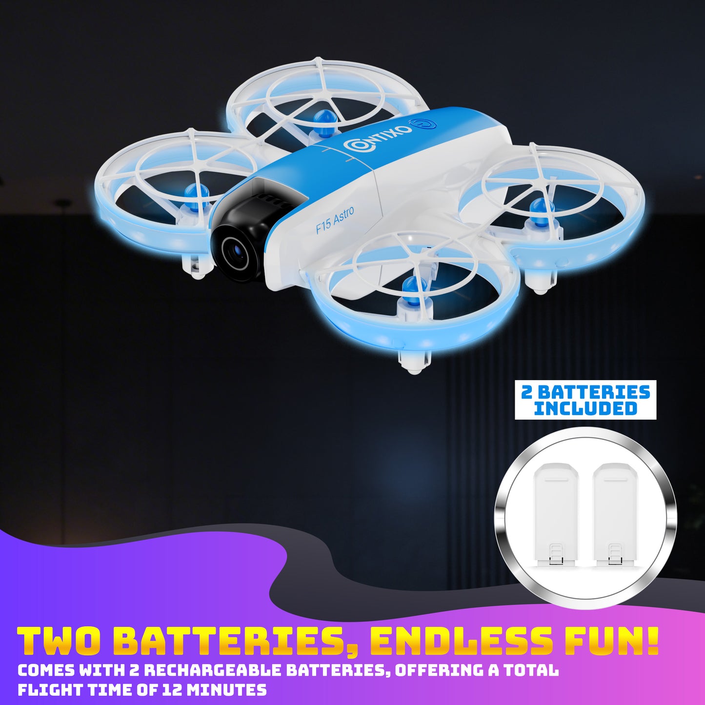 Contixo F15 Astro mini drone blue and white with 720P camera and 2 rechargeable batteries