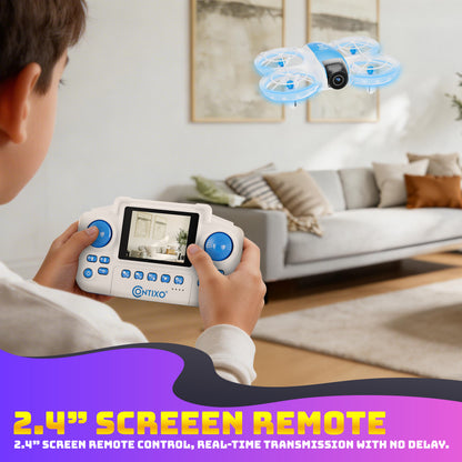 Contixo F15 Astro Mini Drone with blue remote controller featuring 2.4" screen and live video display
