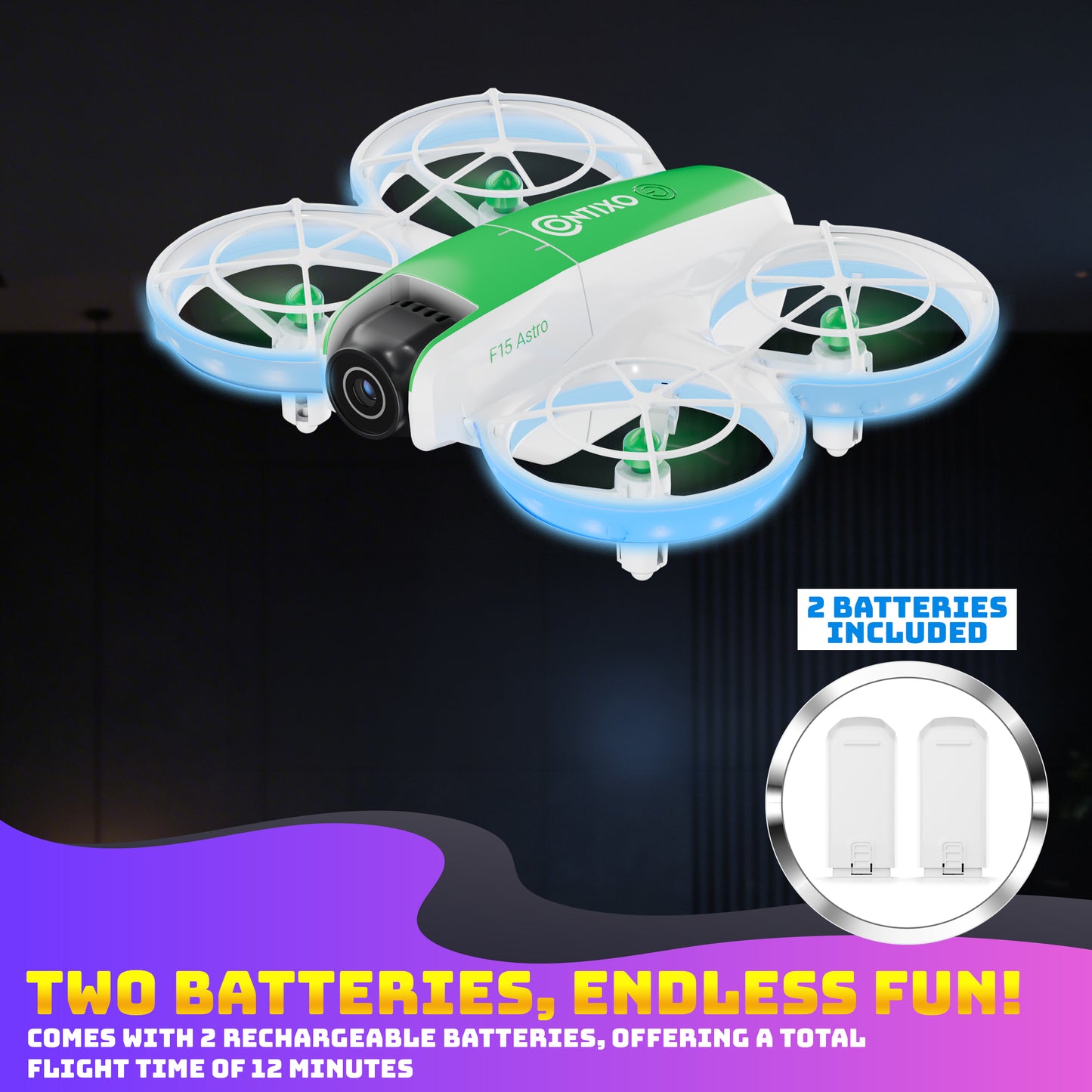 Contixo F15 Astro mini drone with green and white body, four blue-lit propellers, HD camera, and 2 included batteries