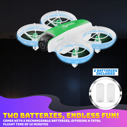 Contixo F15 Astro mini drone with green and white body, four blue-lit propellers, HD camera, and 2 included batteries