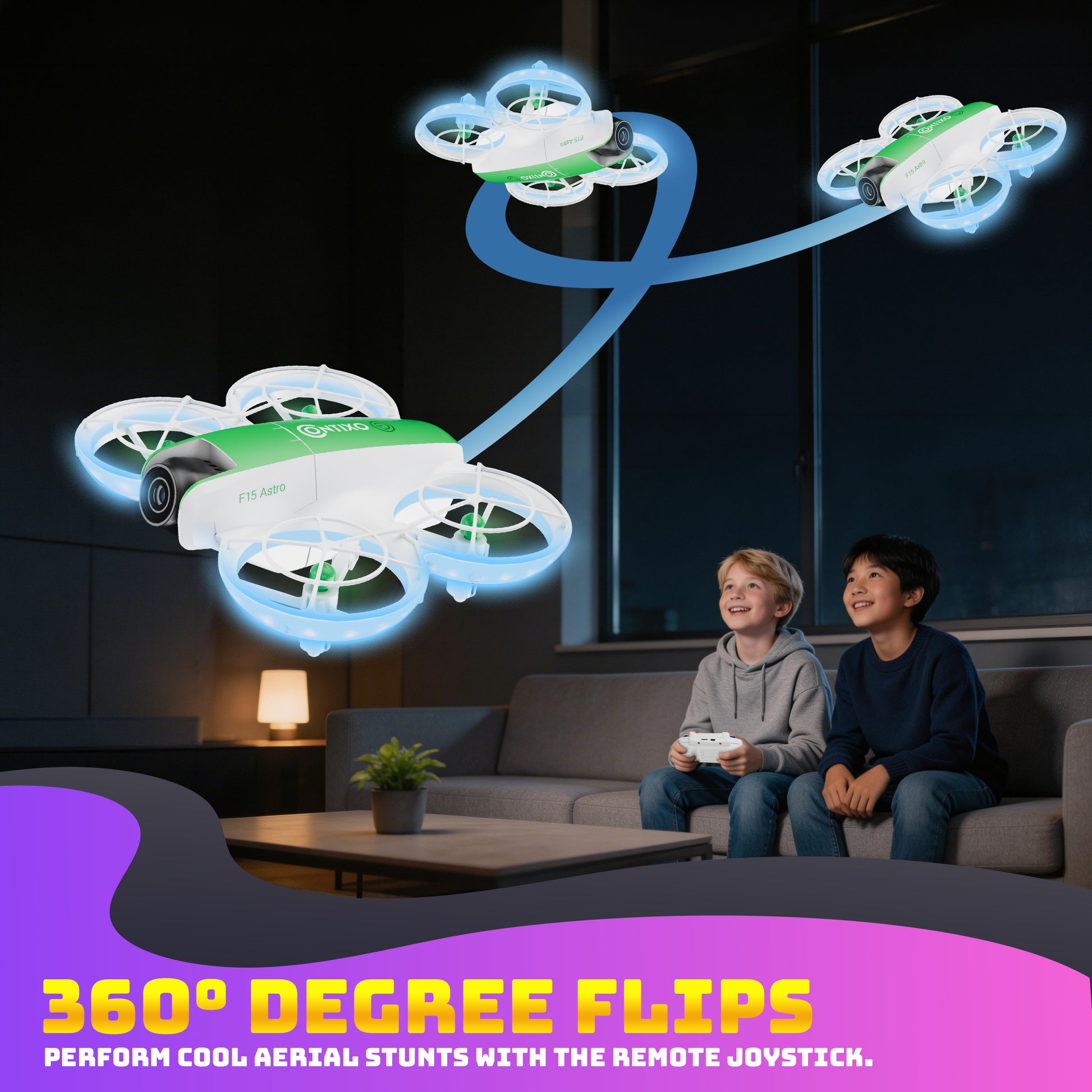 Contixo F15 Astro mini drone with 360° flip capability, green and white design, shown performing aerial stunts