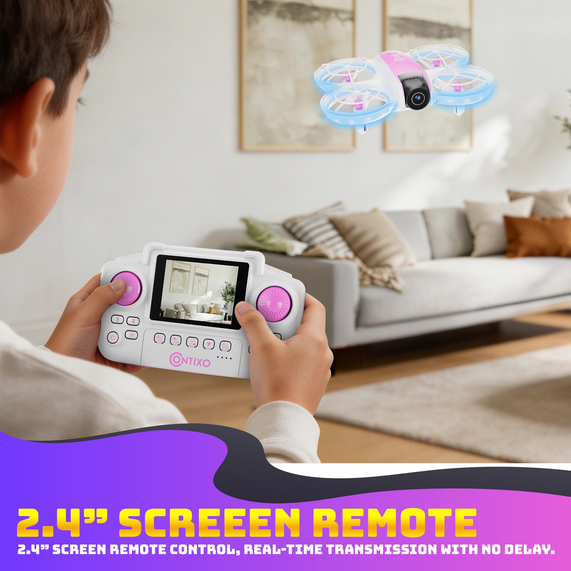 Contixo F15 Astro Mini Drone with pink and blue remote control displaying live video feed