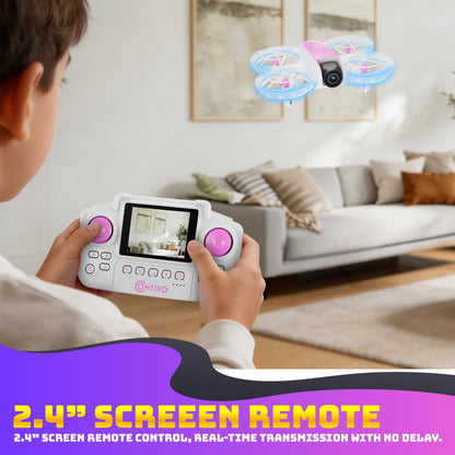 Contixo F15 Astro Mini Drone with pink and blue remote control displaying live video feed