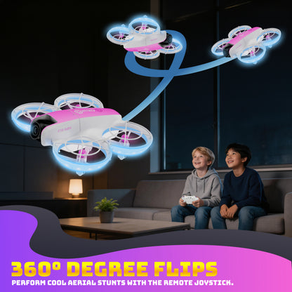 Contixo F15 Astro mini drone pink white with 360° flip capability shown in flight