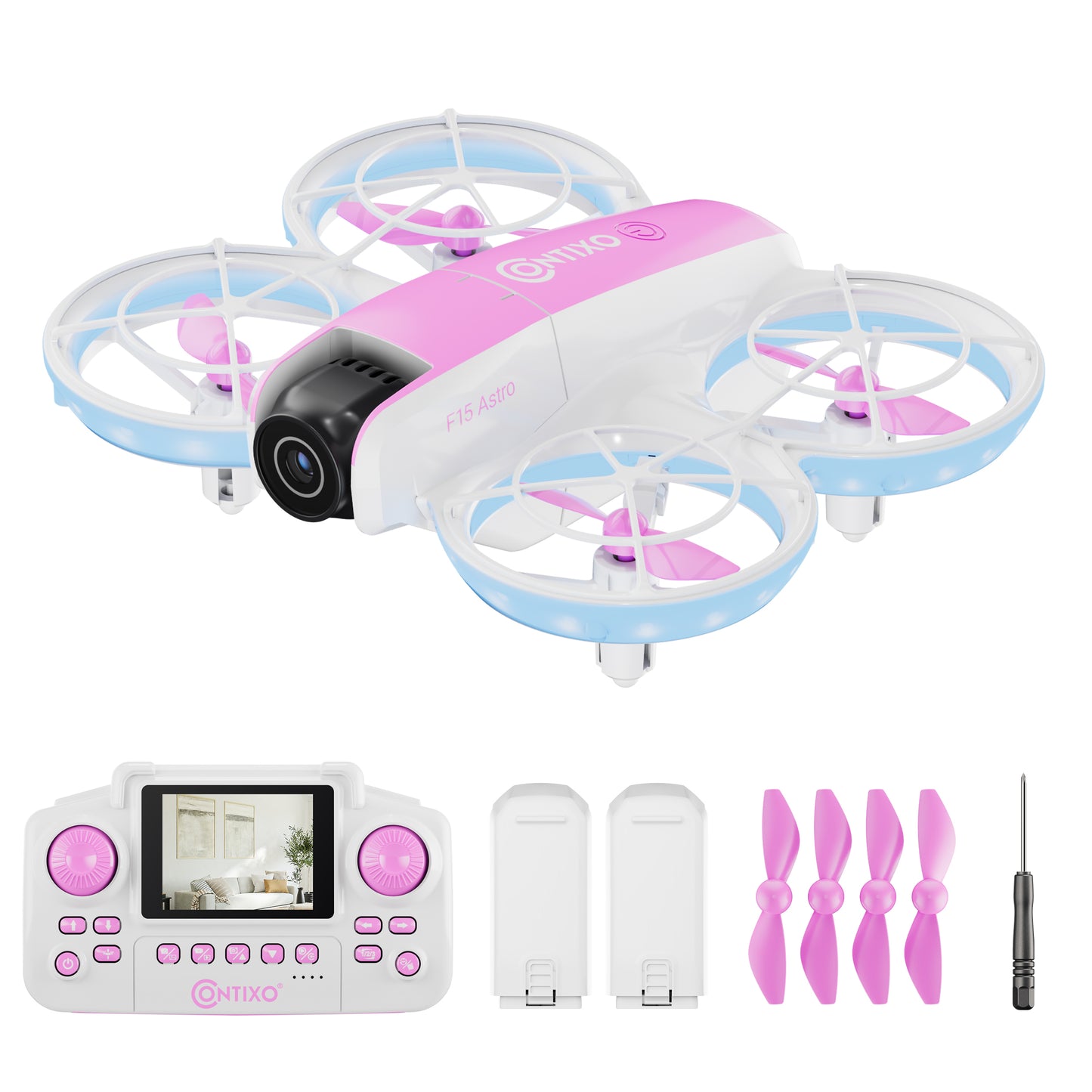 Contixo F15 Astro Mini Drone pink and white with remote control, batteries and propellers